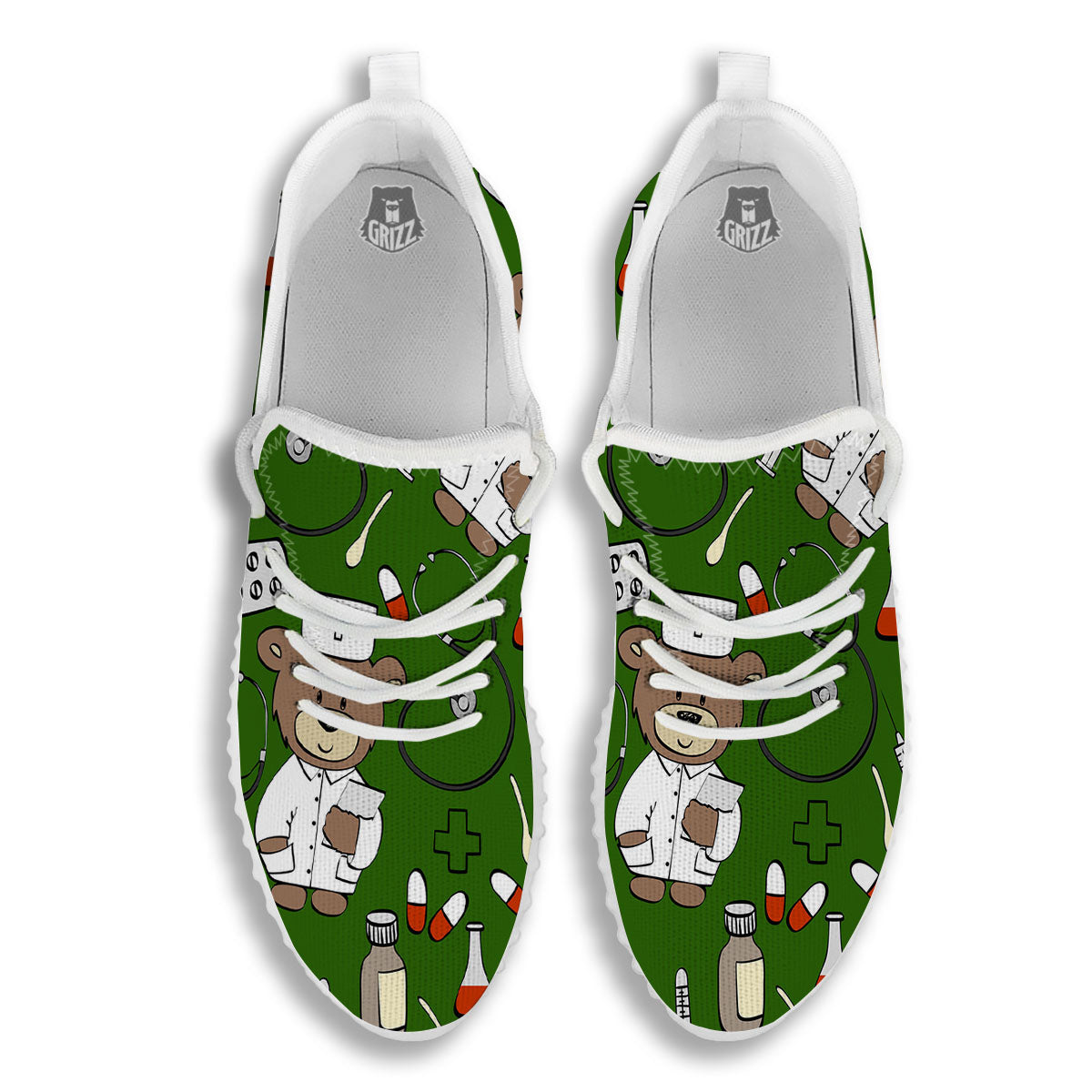 Dark Green Teddy Bear Nurse White Walking Shoes-grizzshop