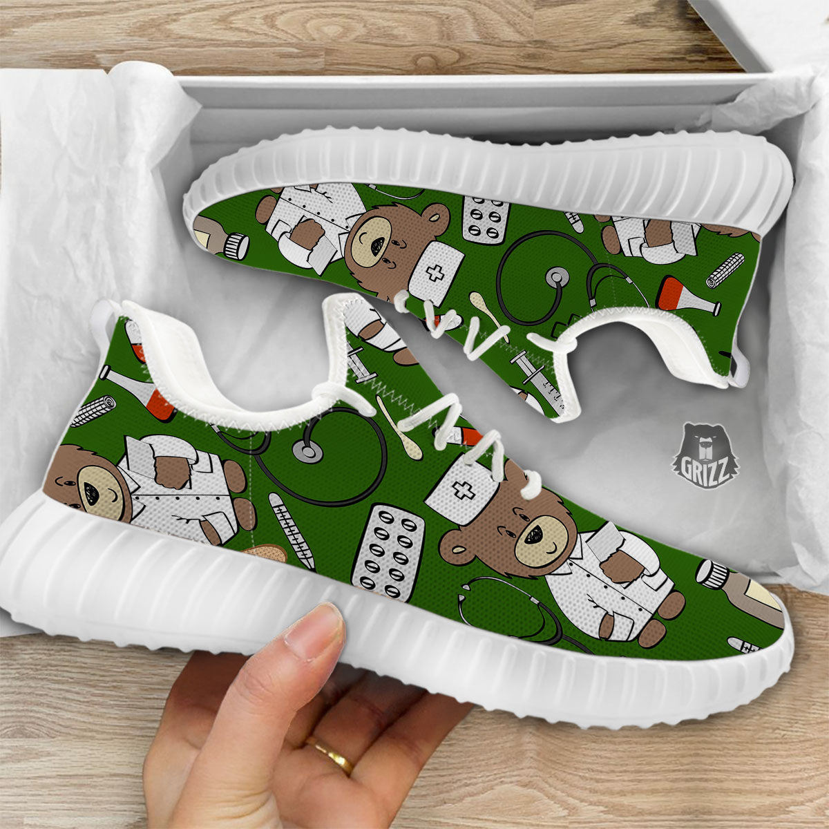 Dark Green Teddy Bear Nurse White Walking Shoes-grizzshop