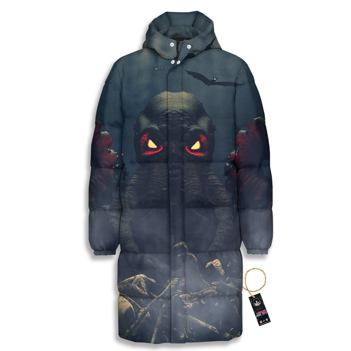 Dark Cthulhu Octopus And Bones Print Long Down Jacket