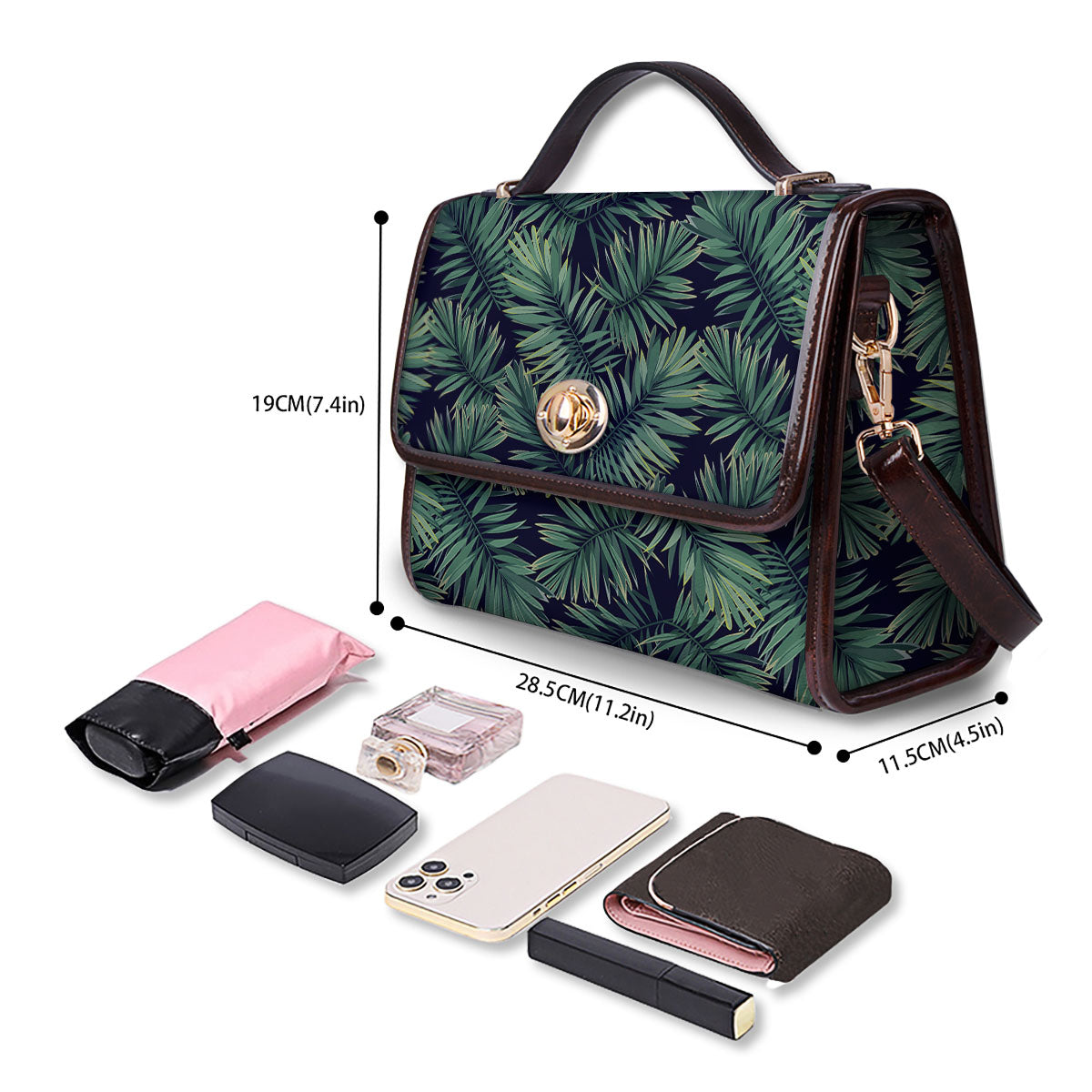 Dark Green Palm Tree Print Pattern Women's Satchel Bag