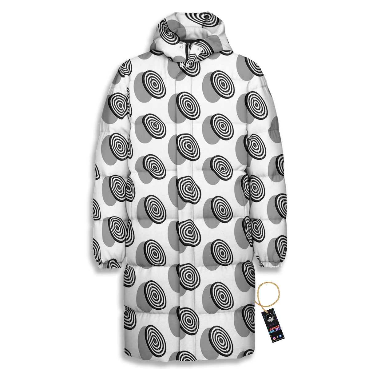 Dartboard White And Black Print Pattern Long Down Jacket-grizzshop