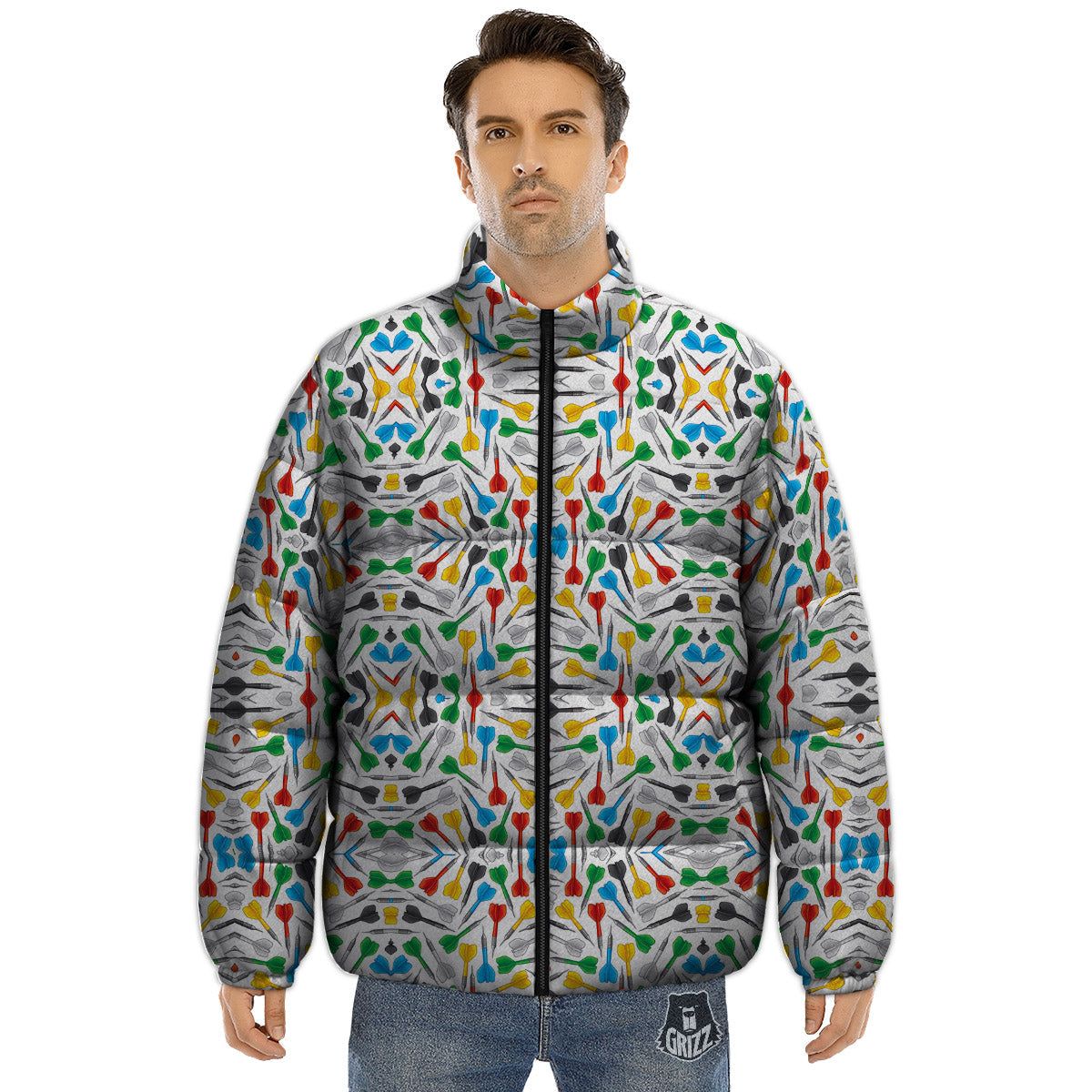 Darts Colorful Print Pattern Puffer Jacket-grizzshop