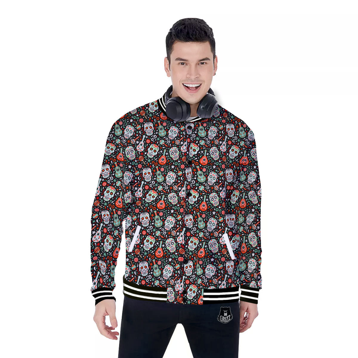 Day Of The Dead Calaveras Print Pattern Baseball Jacket-grizzshop