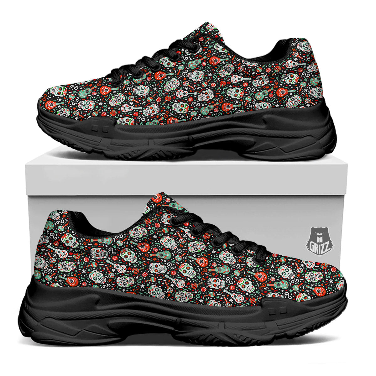 Day Of The Dead Calaveras Print Pattern Black Chunky Shoes-grizzshop
