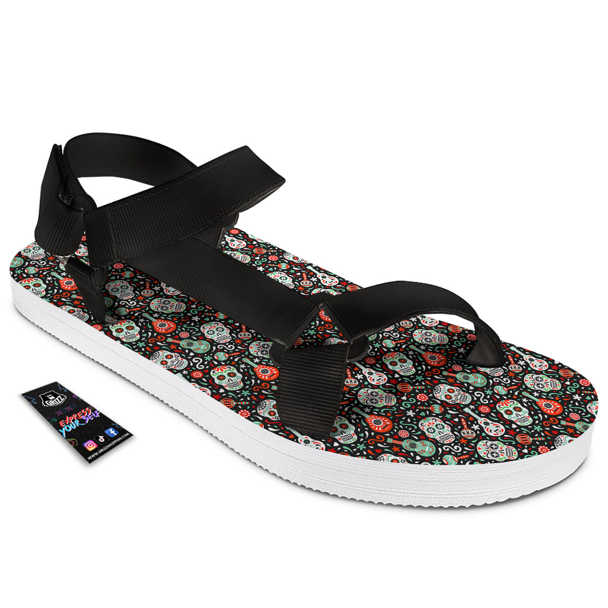 Day Of The Dead Calaveras Print Pattern Black Open Toe Sandals-grizzshop