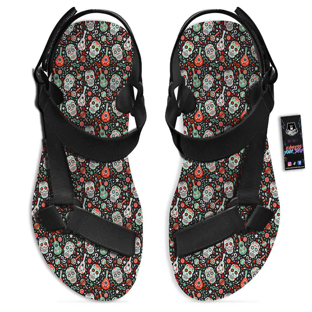 Day Of The Dead Calaveras Print Pattern Black Open Toe Sandals-grizzshop