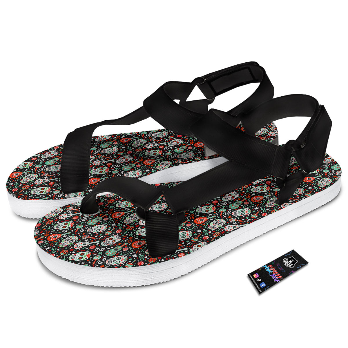 Day Of The Dead Calaveras Print Pattern Black Open Toe Sandals-grizzshop
