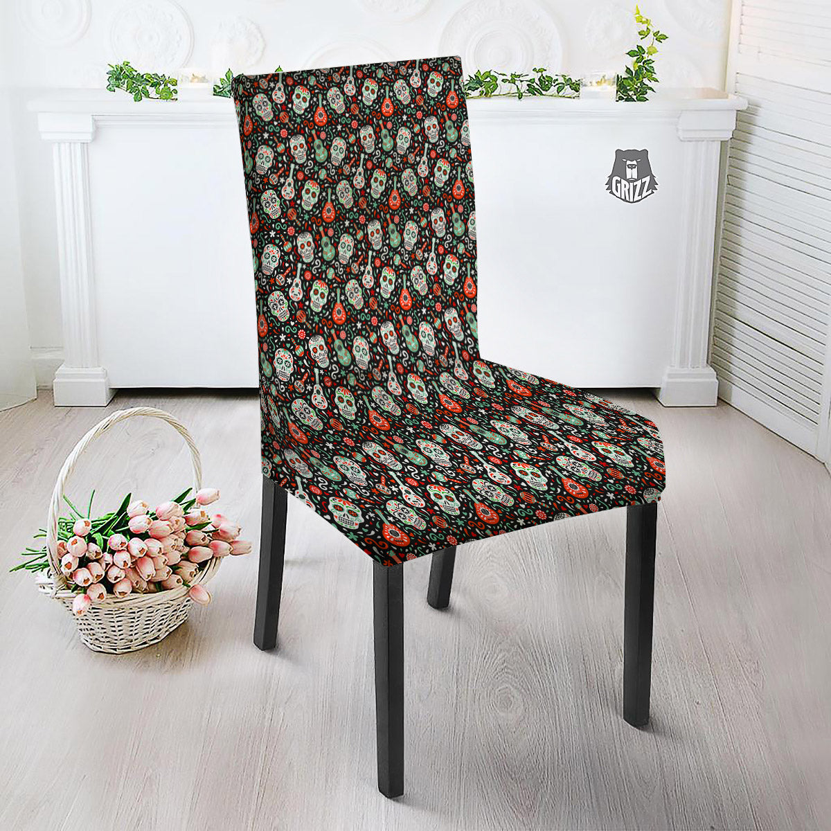 Day Of The Dead Calaveras Print Pattern Dining Chair Slipcover-grizzshop