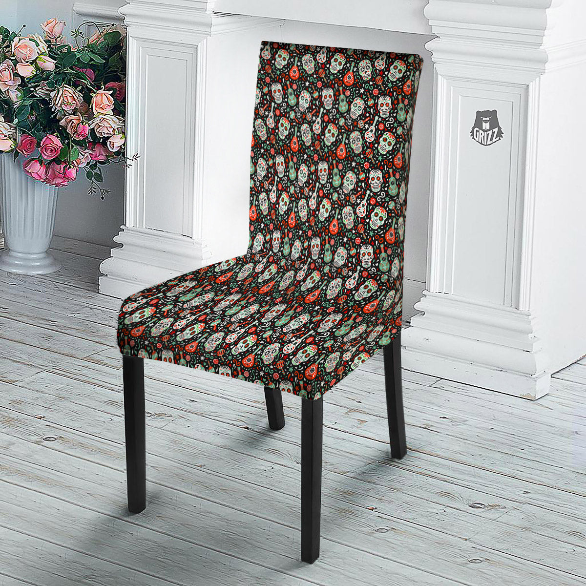 Day Of The Dead Calaveras Print Pattern Dining Chair Slipcover-grizzshop