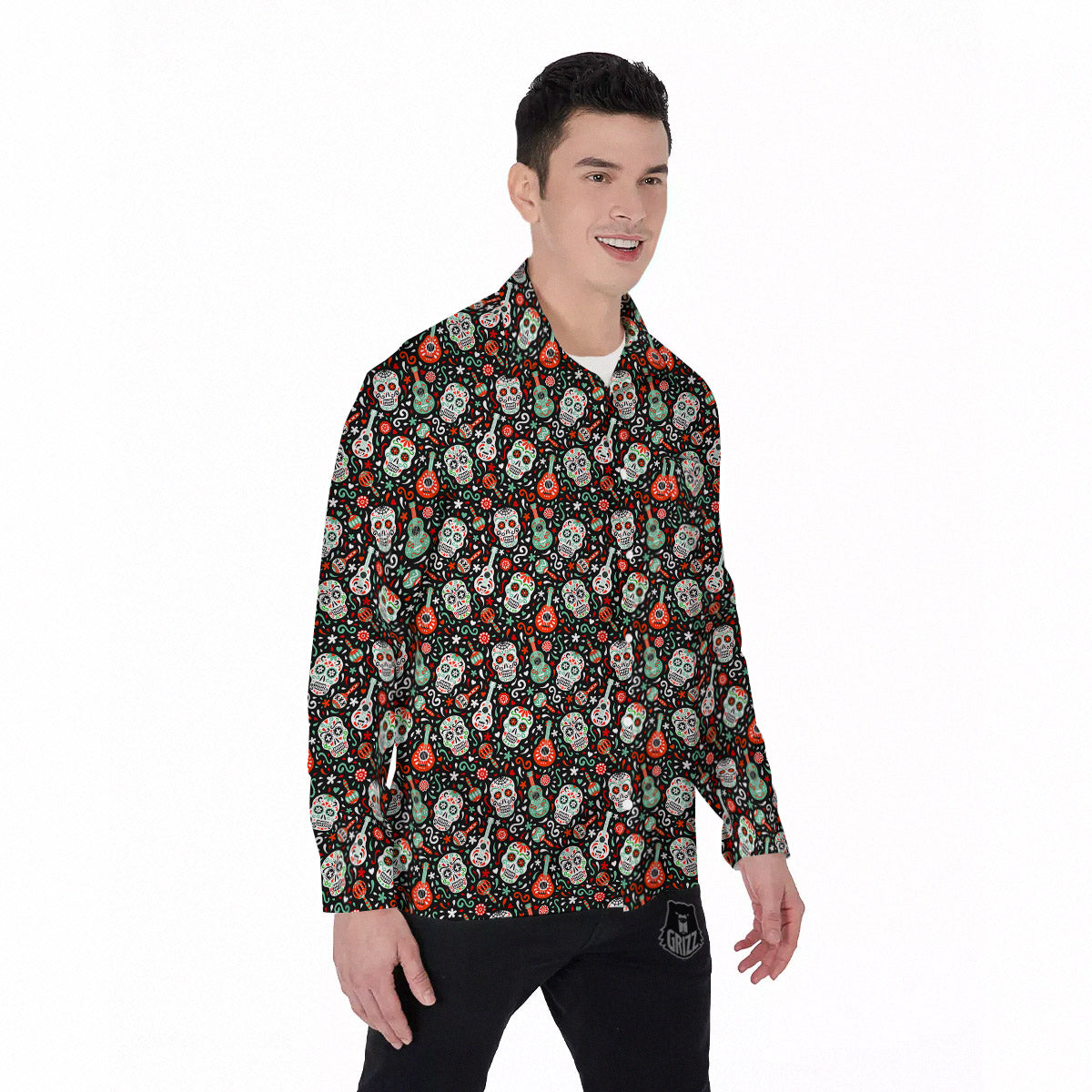 Day Of The Dead Calaveras Print Pattern Men's Long Sleeve Shirts-grizzshop