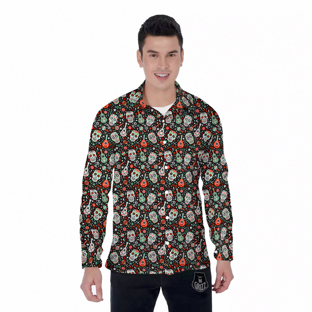 Day Of The Dead Calaveras Print Pattern Men's Long Sleeve Shirts-grizzshop