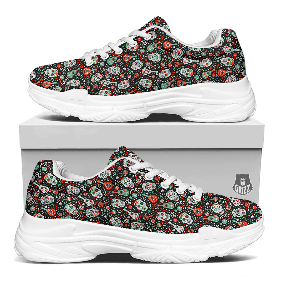 Day Of The Dead Calaveras Print Pattern White Chunky Shoes-grizzshop