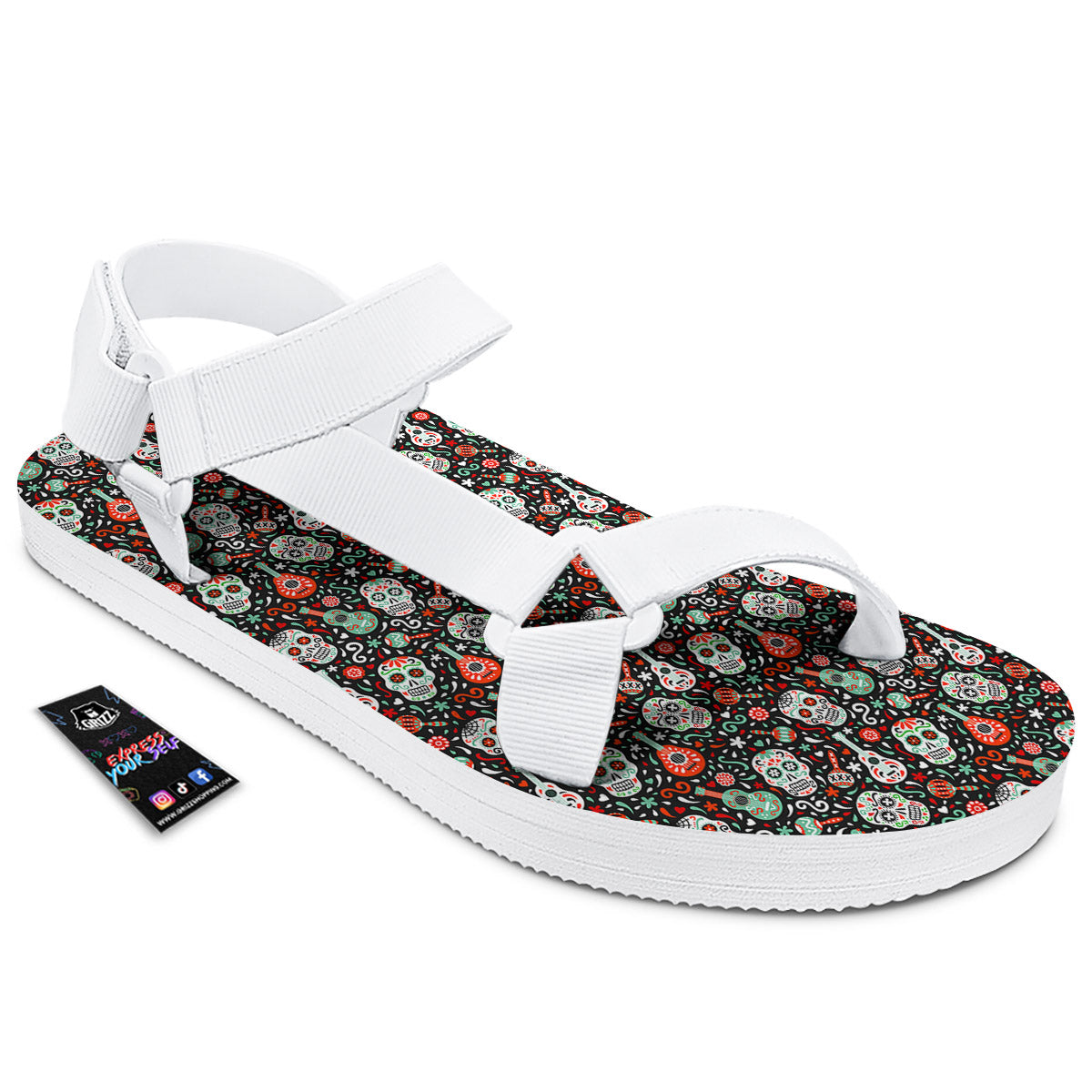 Day Of The Dead Calaveras Print Pattern White Open Toe Sandals-grizzshop