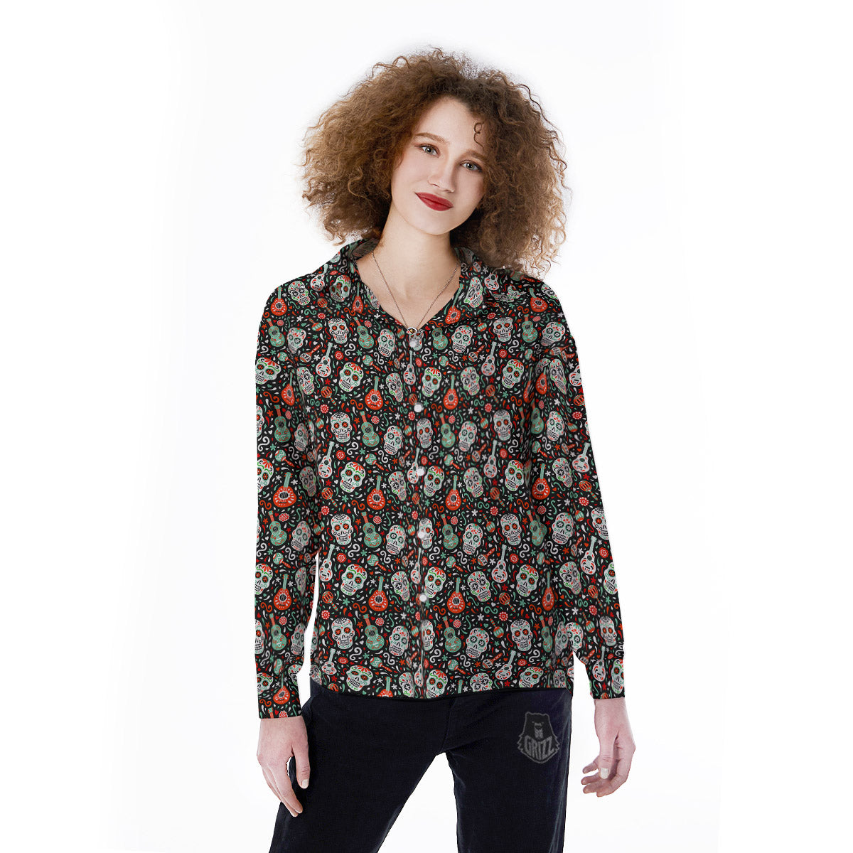 Day Of The Dead Calaveras Print Pattern Women's Long Sleeve Shirts-grizzshop