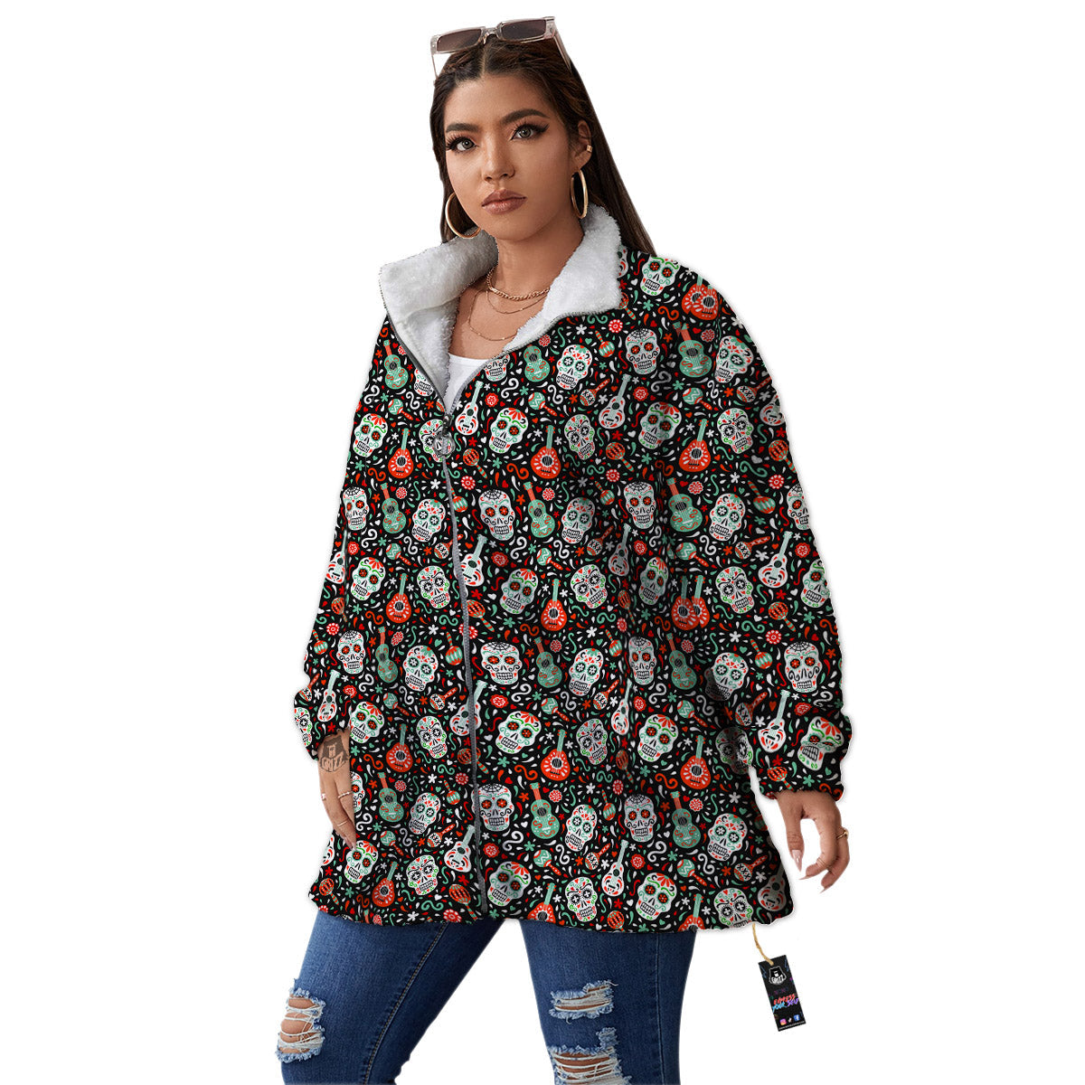 Day Of The Dead Calaveras Print Pattern Women's Sherpa Jacket-grizzshop
