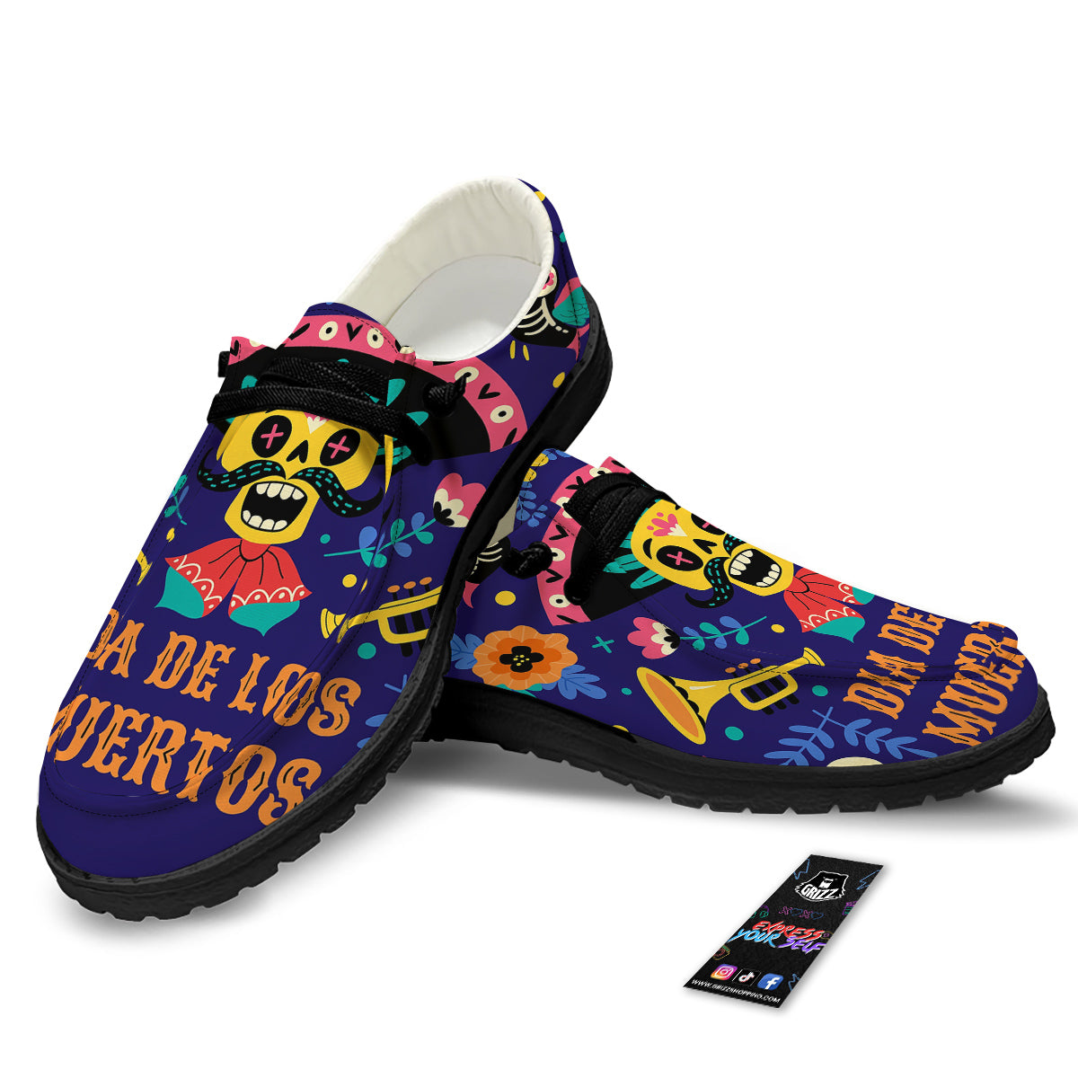 Day Of The Dead Cinco de Mayo Print Black Loafers-grizzshop