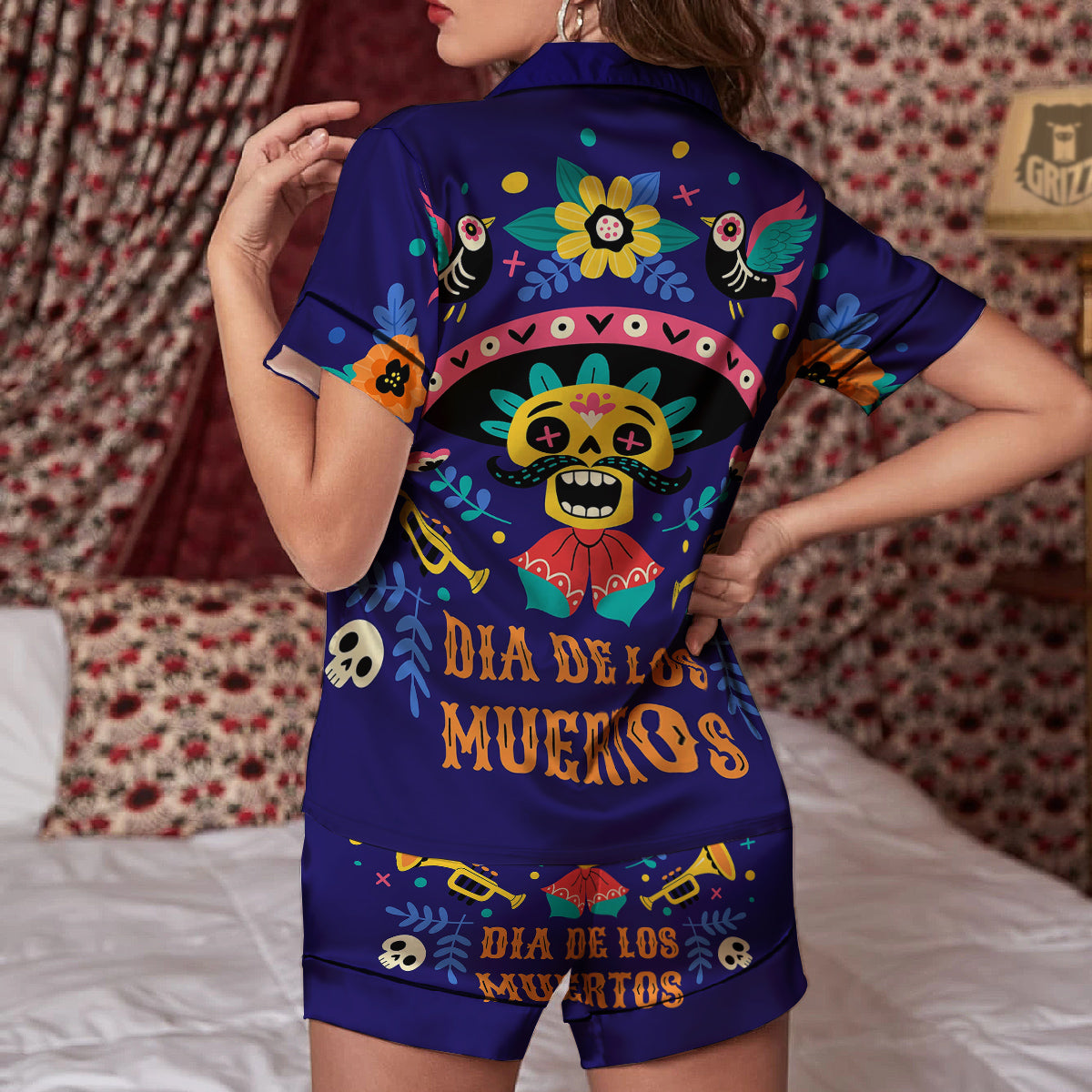 Day Of The Dead Cinco de Mayo Print Women Silk Pajamas-grizzshop