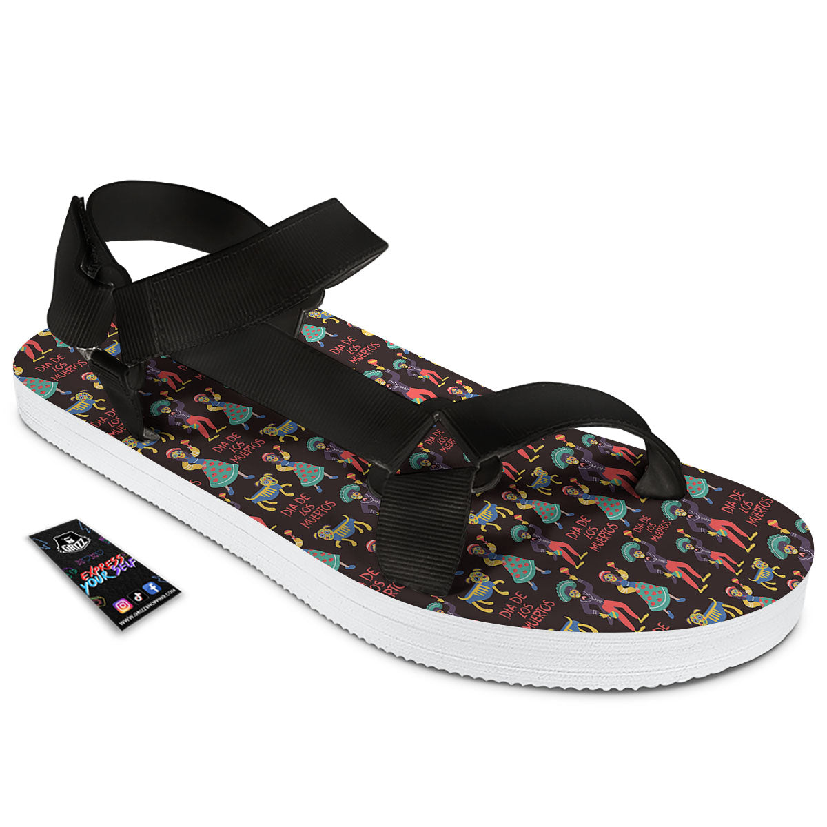 Day Of The Dead Dia De Los Muertos Print Pattern Black Open Toe Sandals-grizzshop