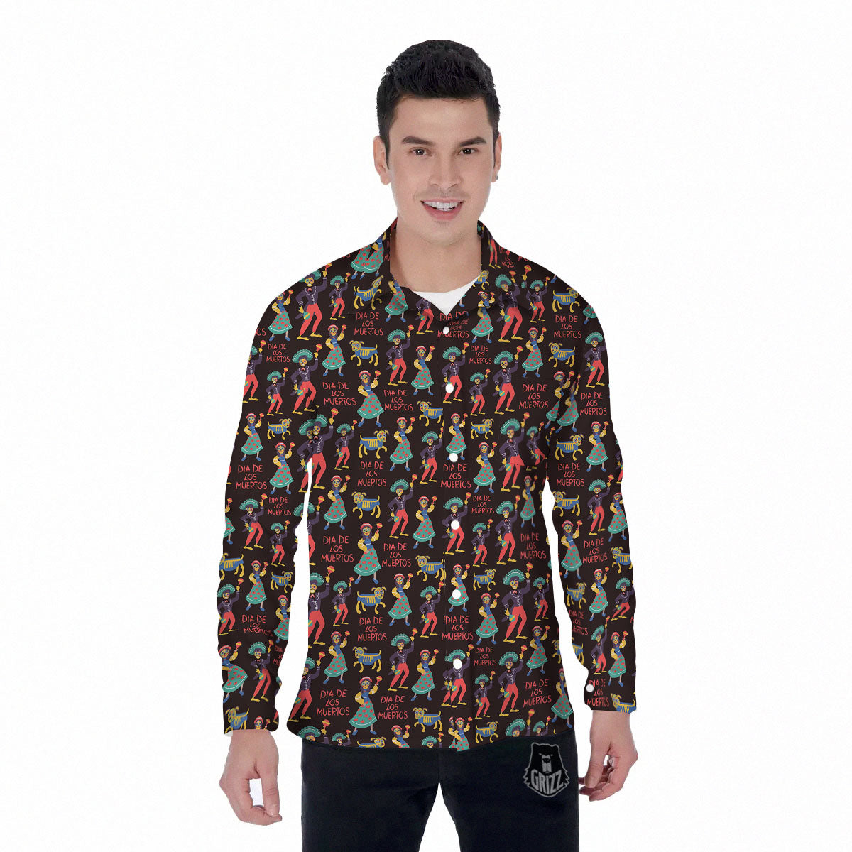 Day Of The Dead Dia De Los Muertos Print Pattern Men's Long Sleeve Shirts-grizzshop