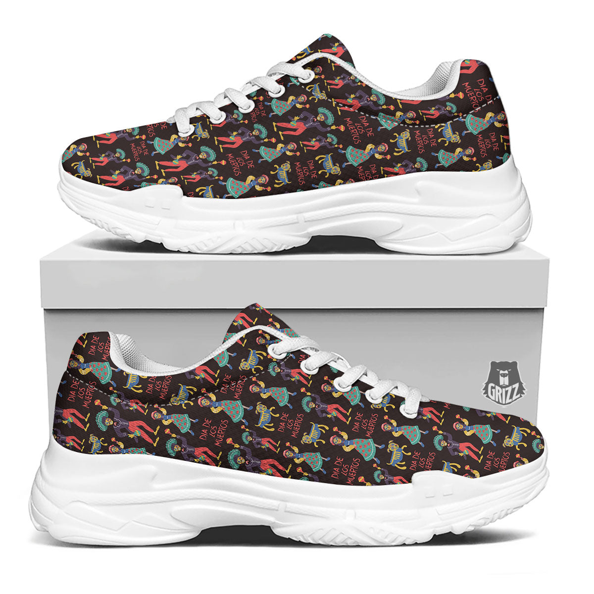 Day Of The Dead Dia De Los Muertos Print Pattern White Chunky Shoes-grizzshop