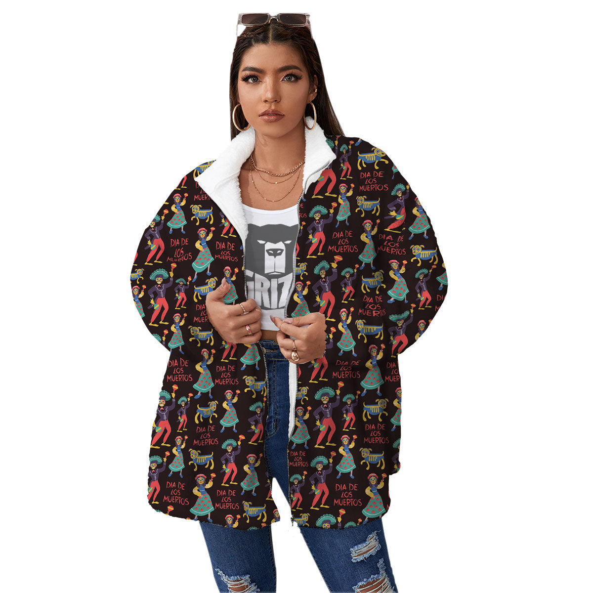 Day Of The Dead Dia De Los Muertos Print Pattern Women's Sherpa Jacket-grizzshop