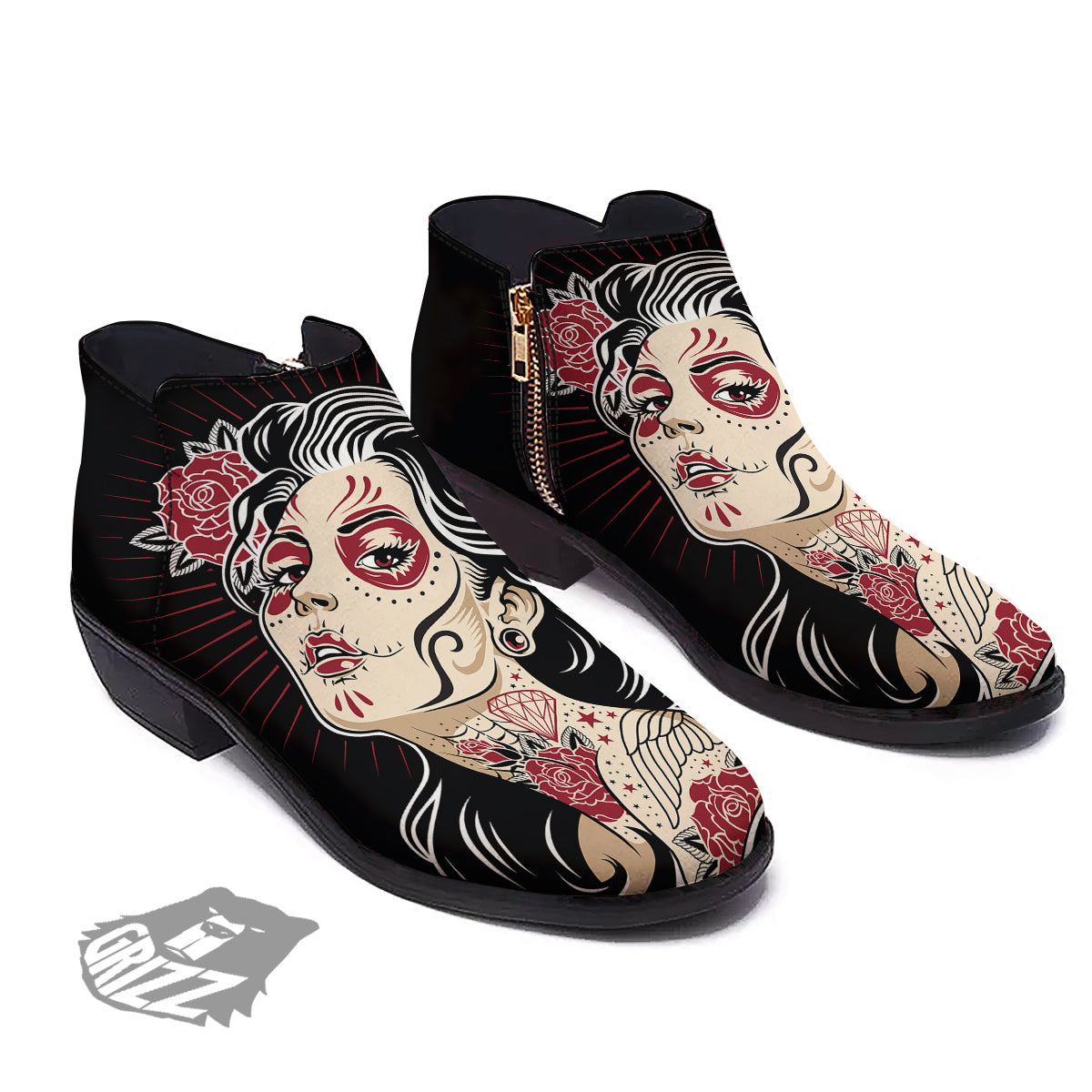 Day of The Dead Calavera Girl Print Ankle Boots-grizzshop