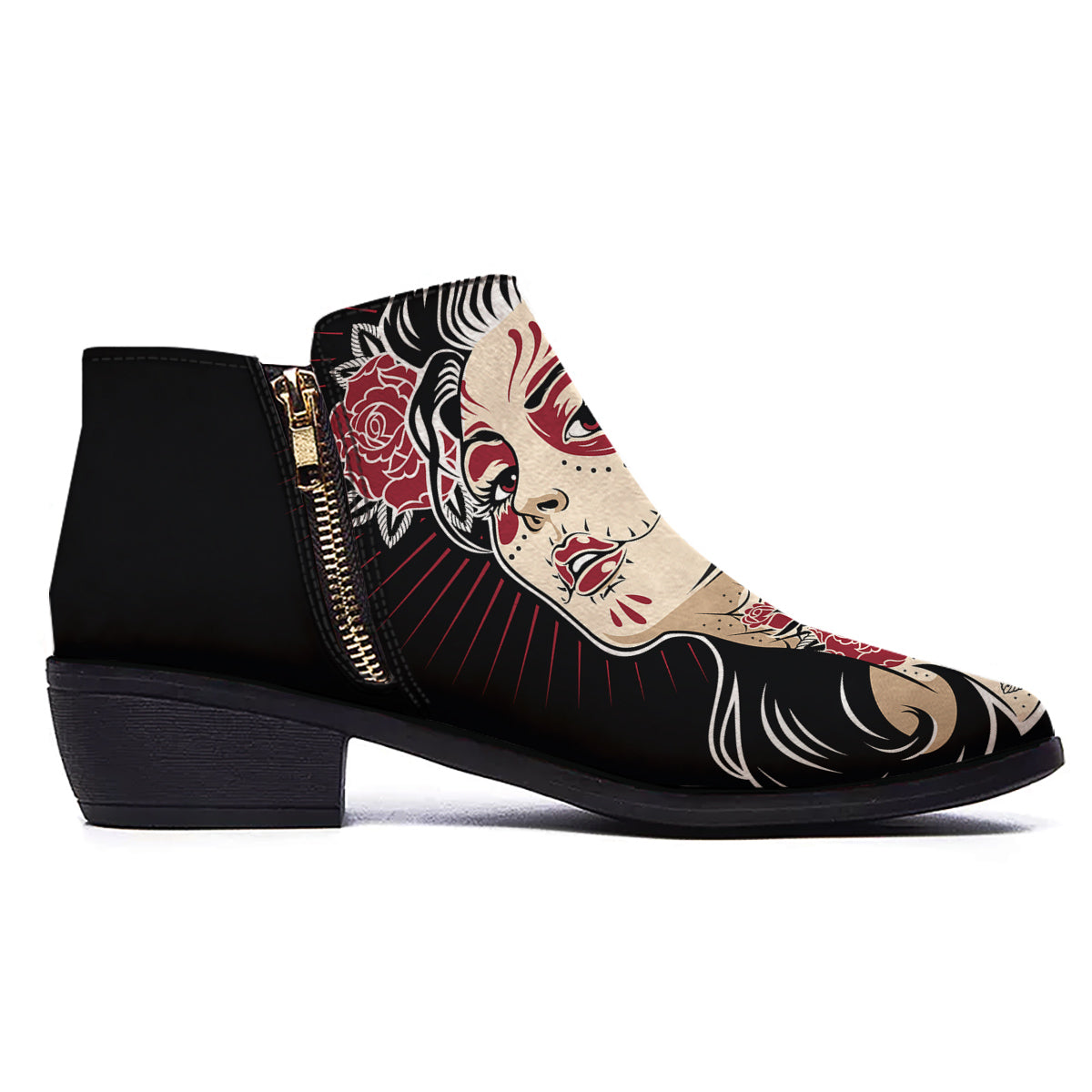 Day of The Dead Calavera Girl Print Ankle Boots-grizzshop