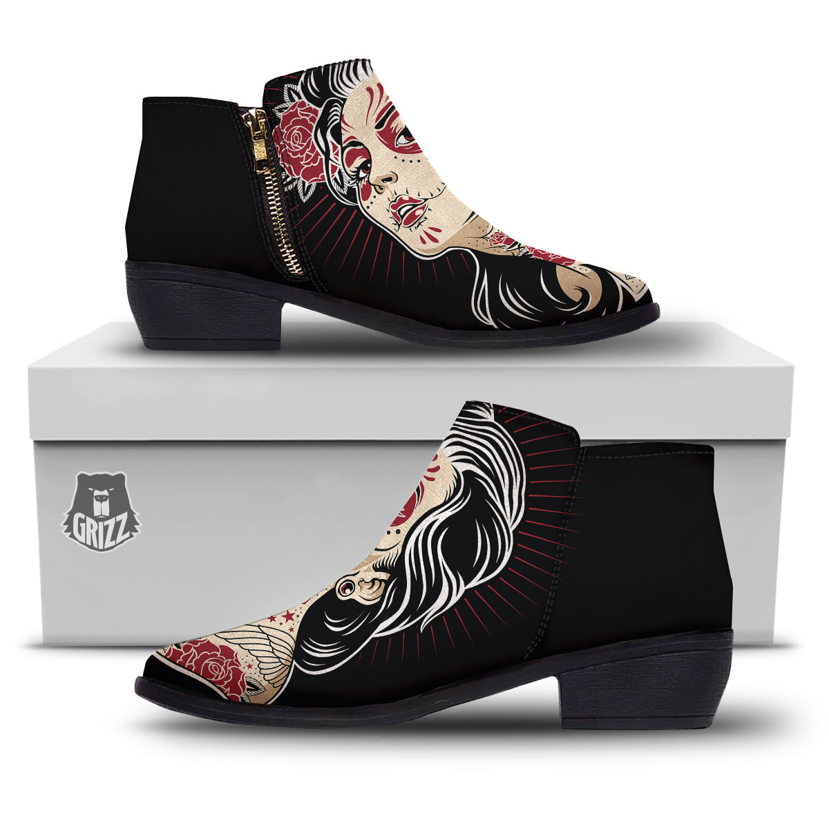 Day of The Dead Calavera Girl Print Ankle Boots-grizzshop