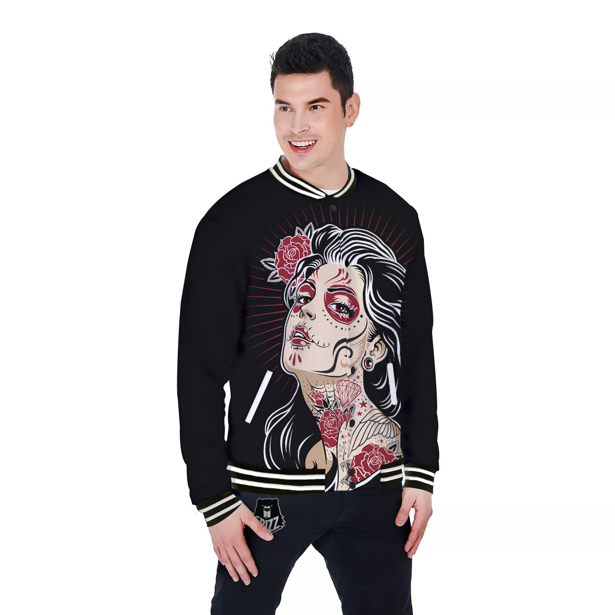 Day of The Dead Calavera Girl Print Baseball Jacket-grizzshop