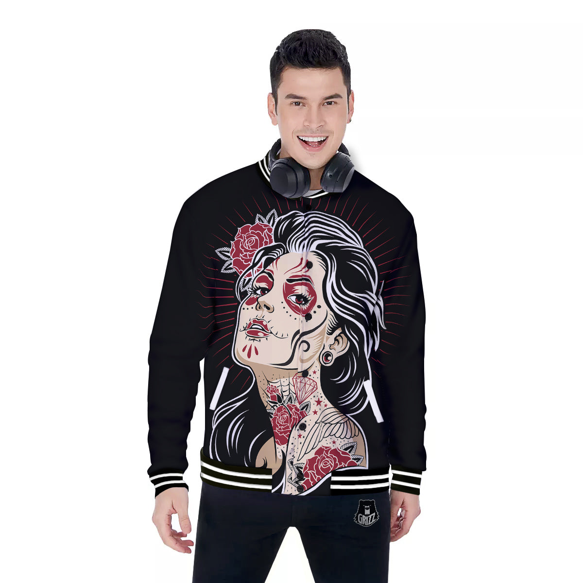 Day of The Dead Calavera Girl Print Baseball Jacket-grizzshop