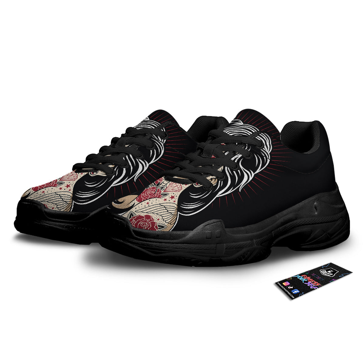 Day of The Dead Calavera Girl Print Black Chunky Shoes-grizzshop
