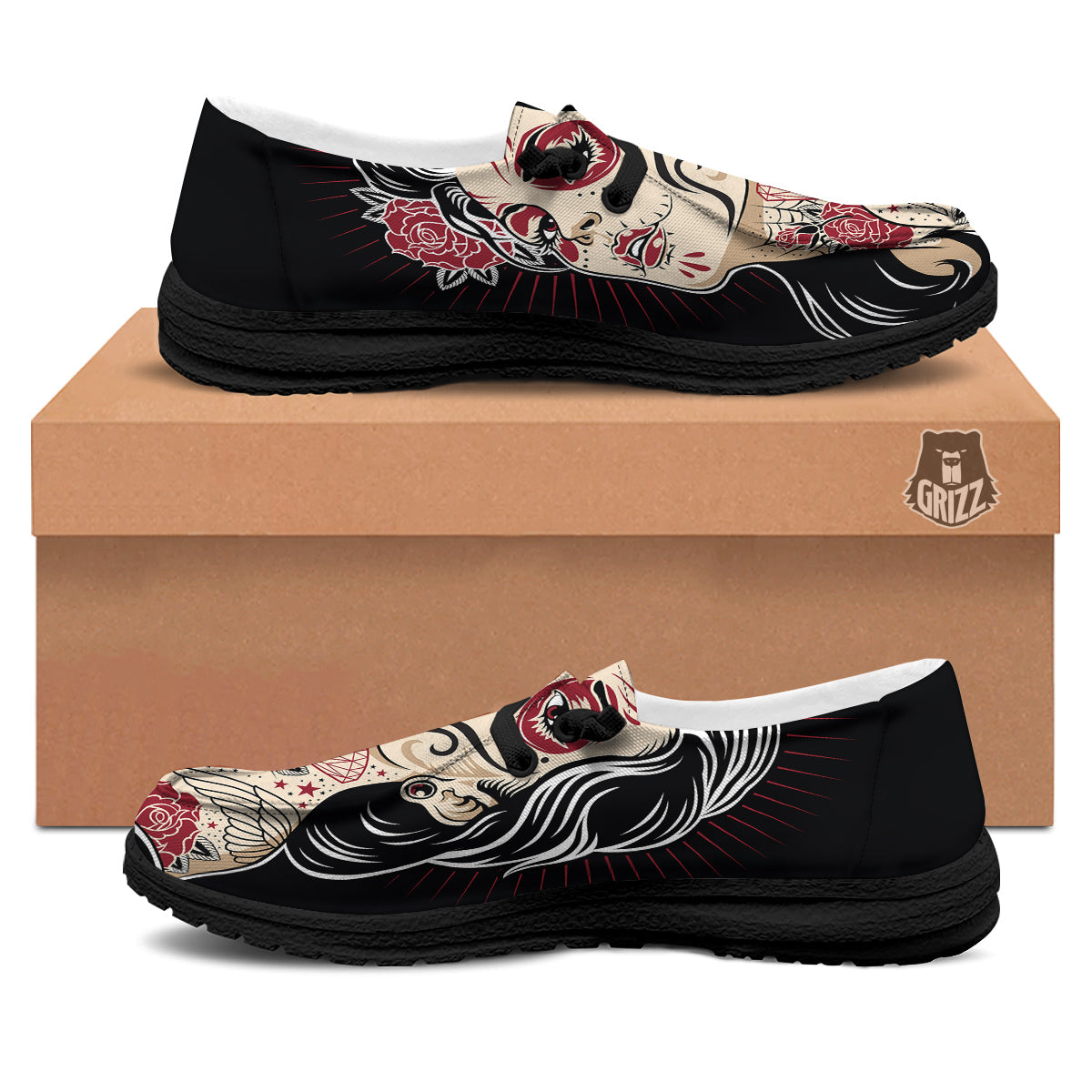 Day of The Dead Calavera Girl Print Black Loafers-grizzshop