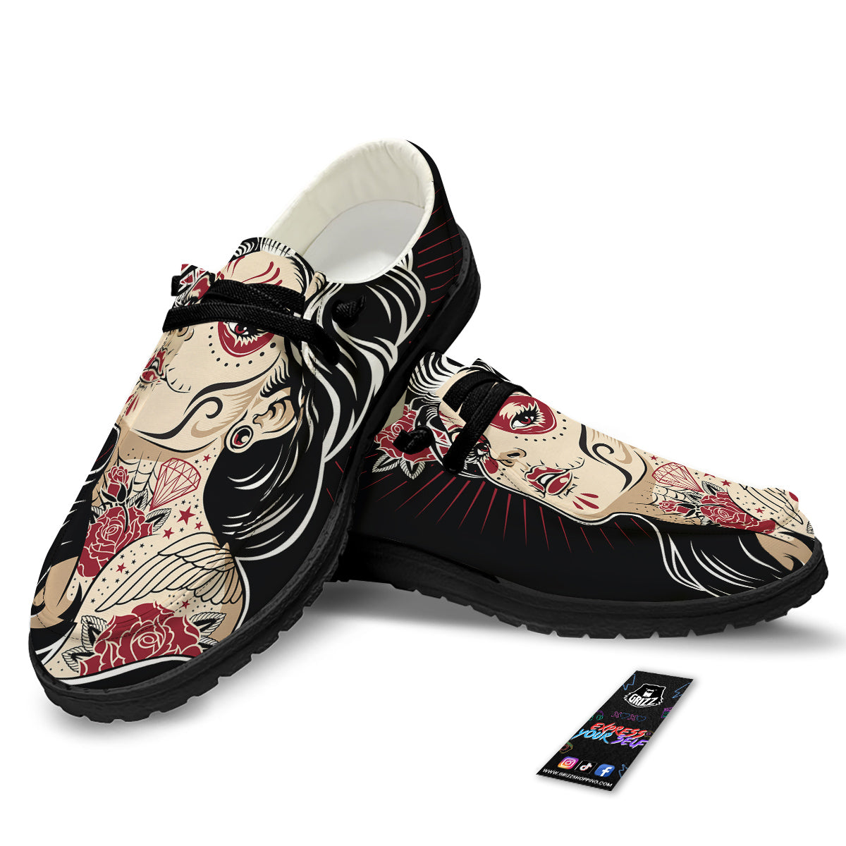 Day of The Dead Calavera Girl Print Black Loafers-grizzshop