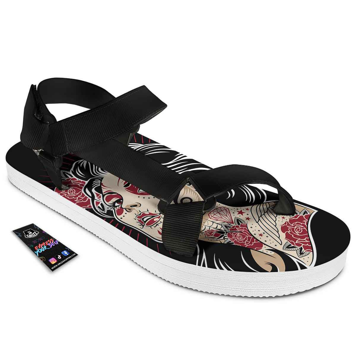 Day of The Dead Calavera Girl Print Black Open Toe Sandals-grizzshop