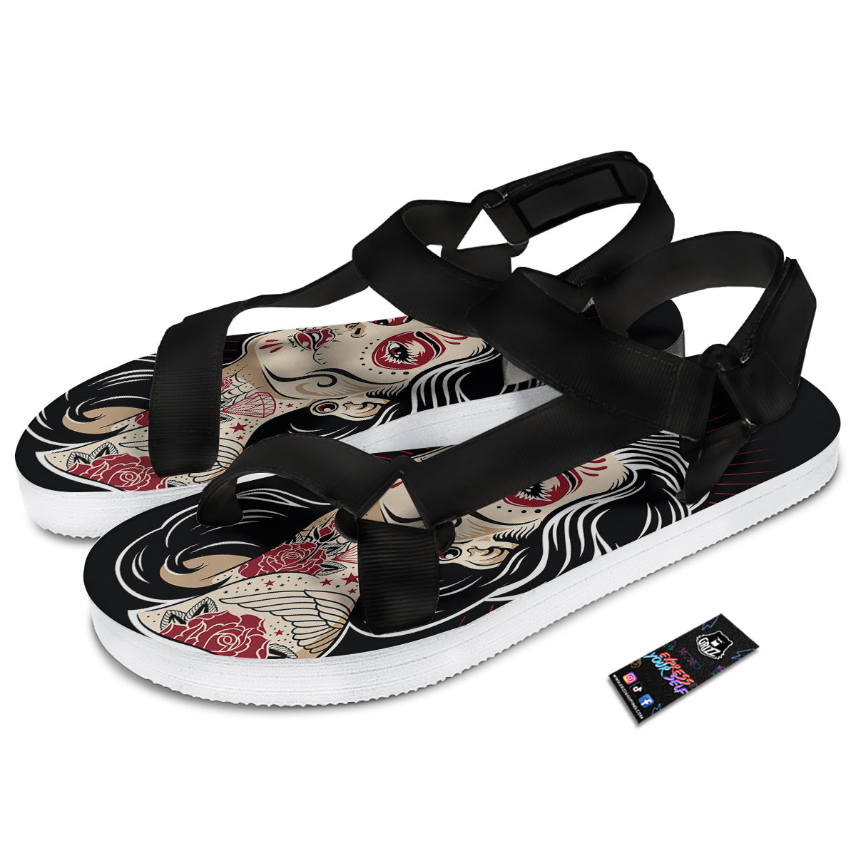 Day of The Dead Calavera Girl Print Black Open Toe Sandals-grizzshop