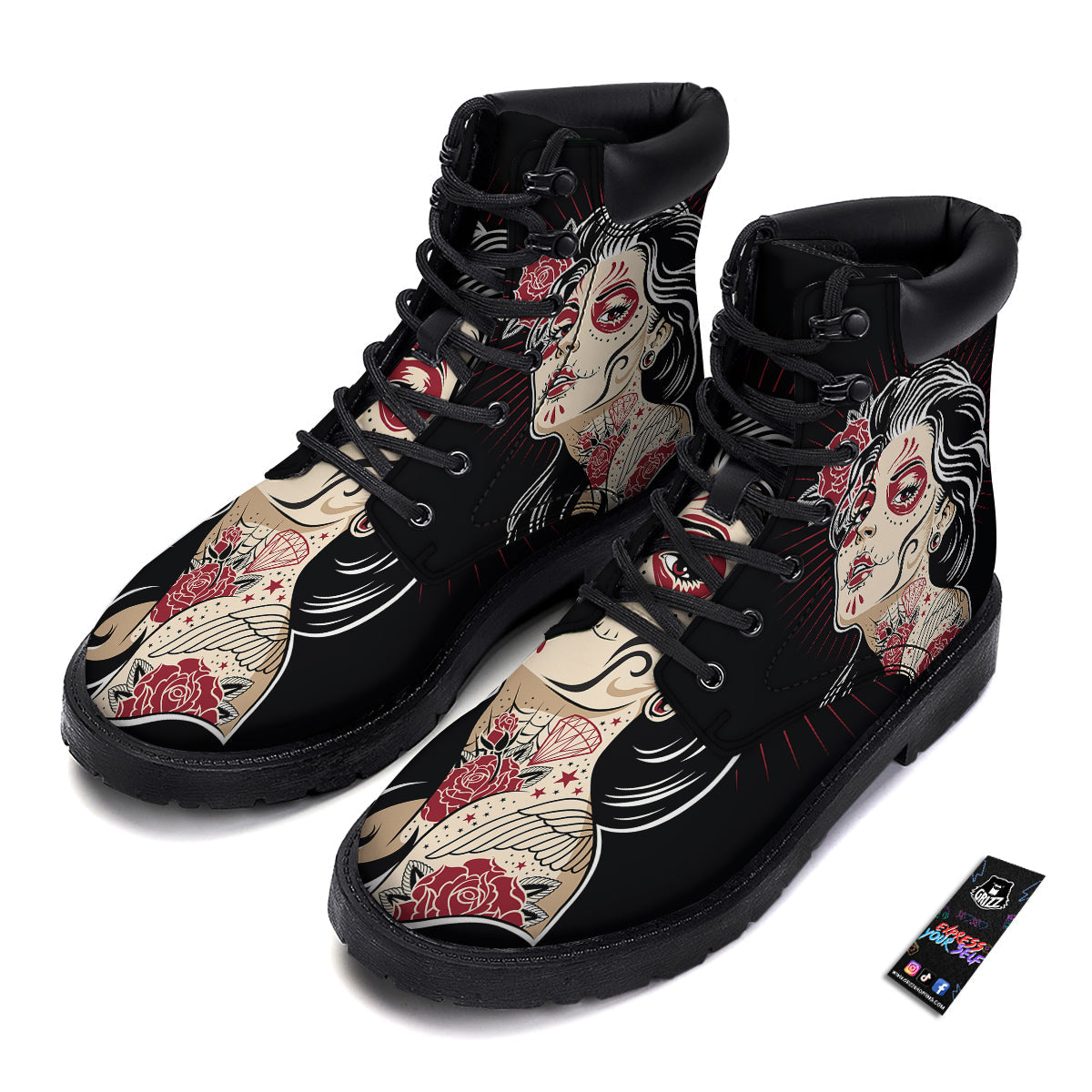 Day of The Dead Calavera Girl Print Boots-grizzshop