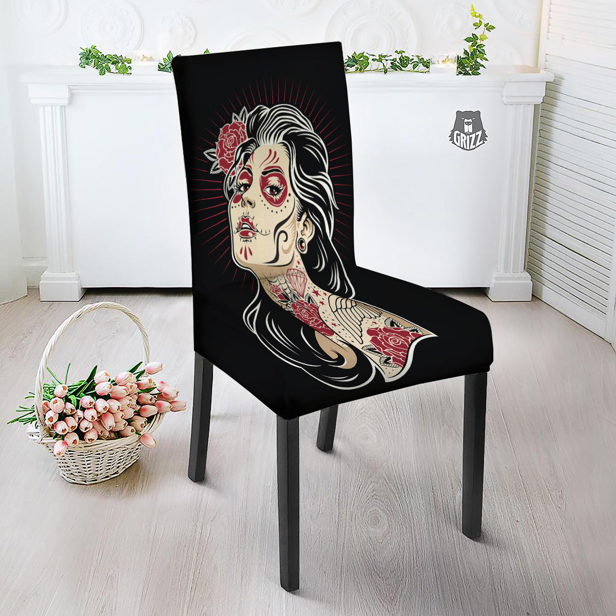 Day of The Dead Calavera Girl Print Dining Chair Slipcover-grizzshop