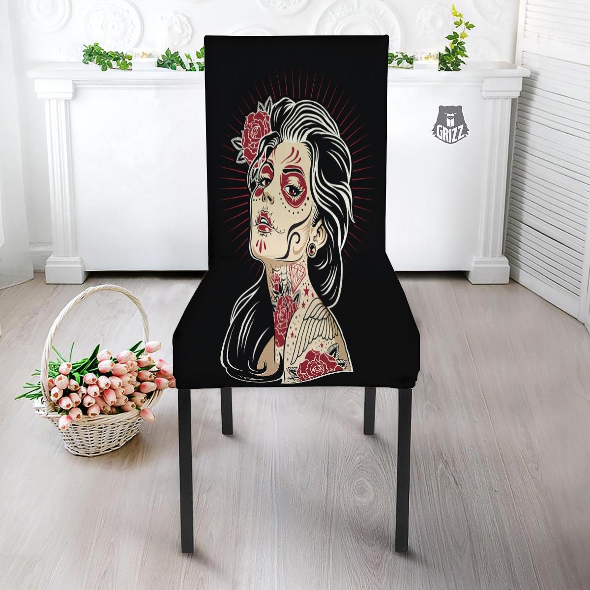 Day of The Dead Calavera Girl Print Dining Chair Slipcover-grizzshop