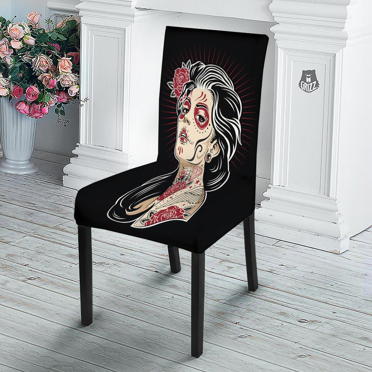 Day of The Dead Calavera Girl Print Dining Chair Slipcover-grizzshop