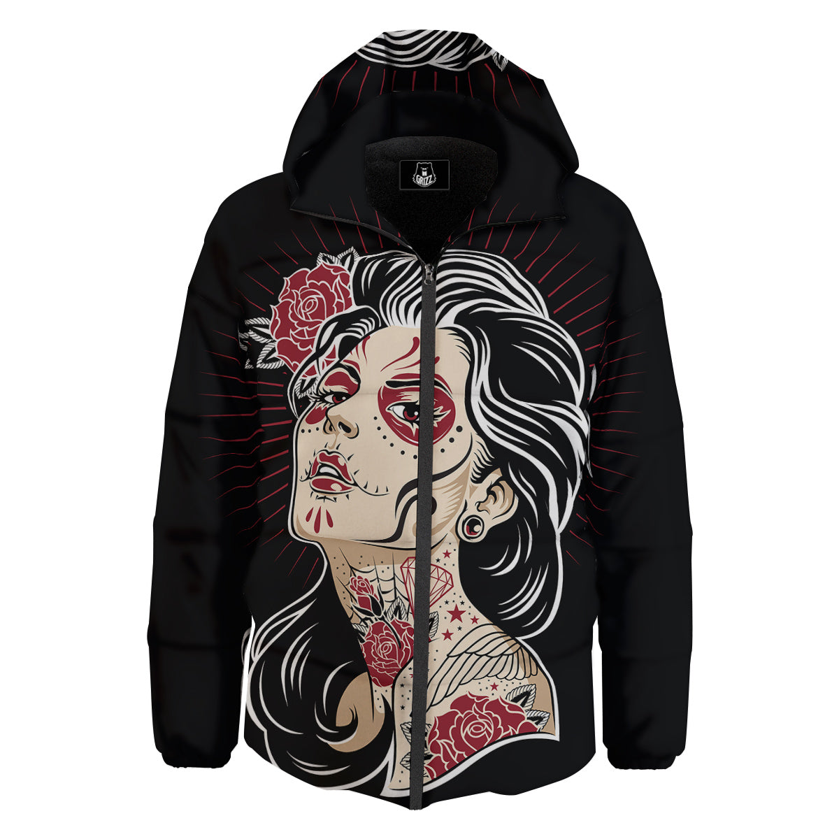 Day of The Dead Calavera Girl Print Down Jacket-grizzshop