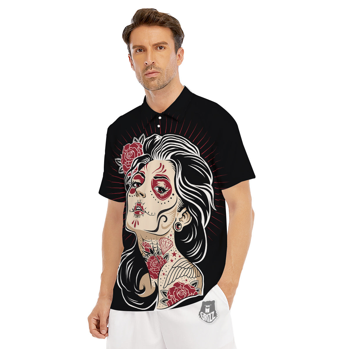 Day of The Dead Calavera Girl Print Men's Golf Shirts-grizzshop