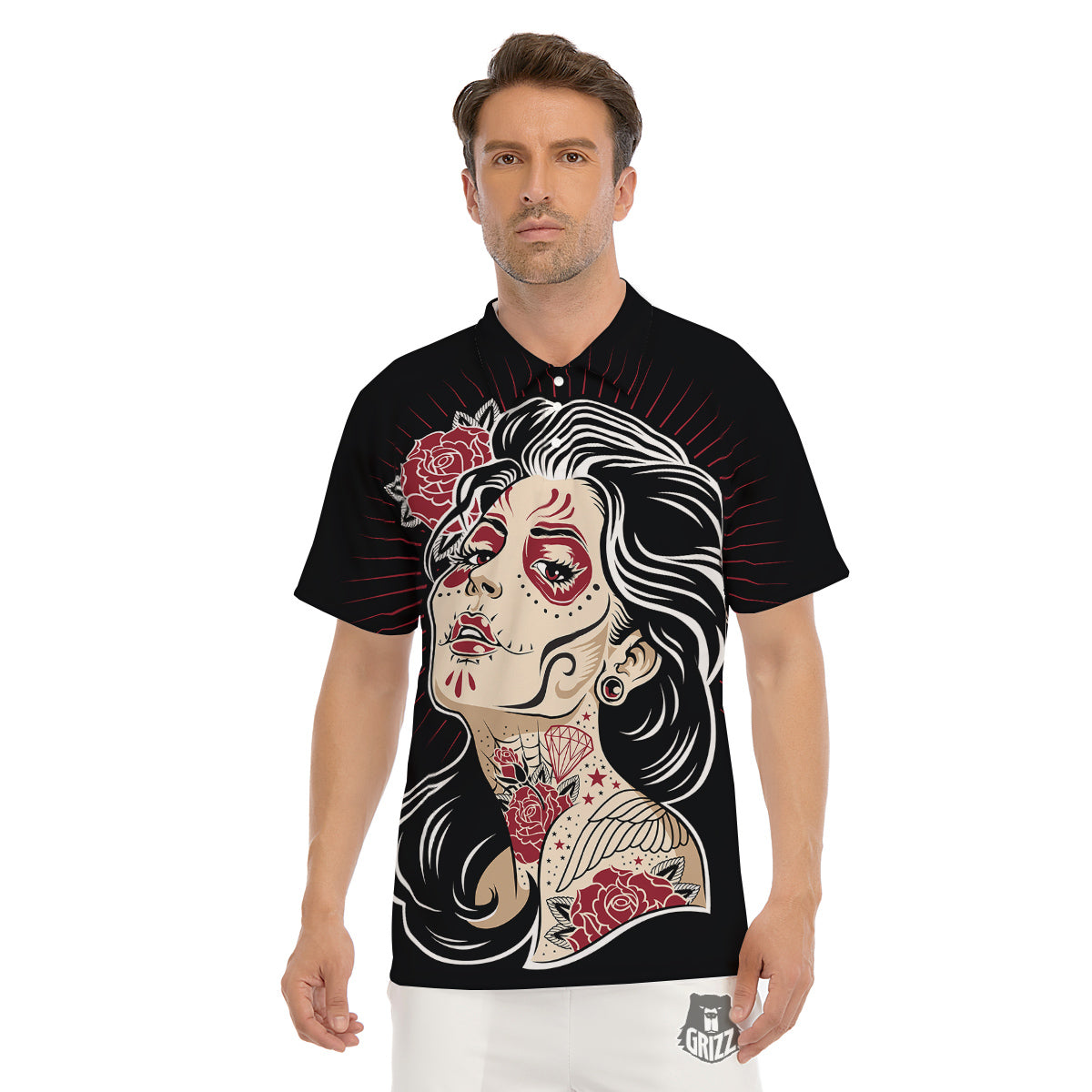 Day of The Dead Calavera Girl Print Men's Golf Shirts-grizzshop