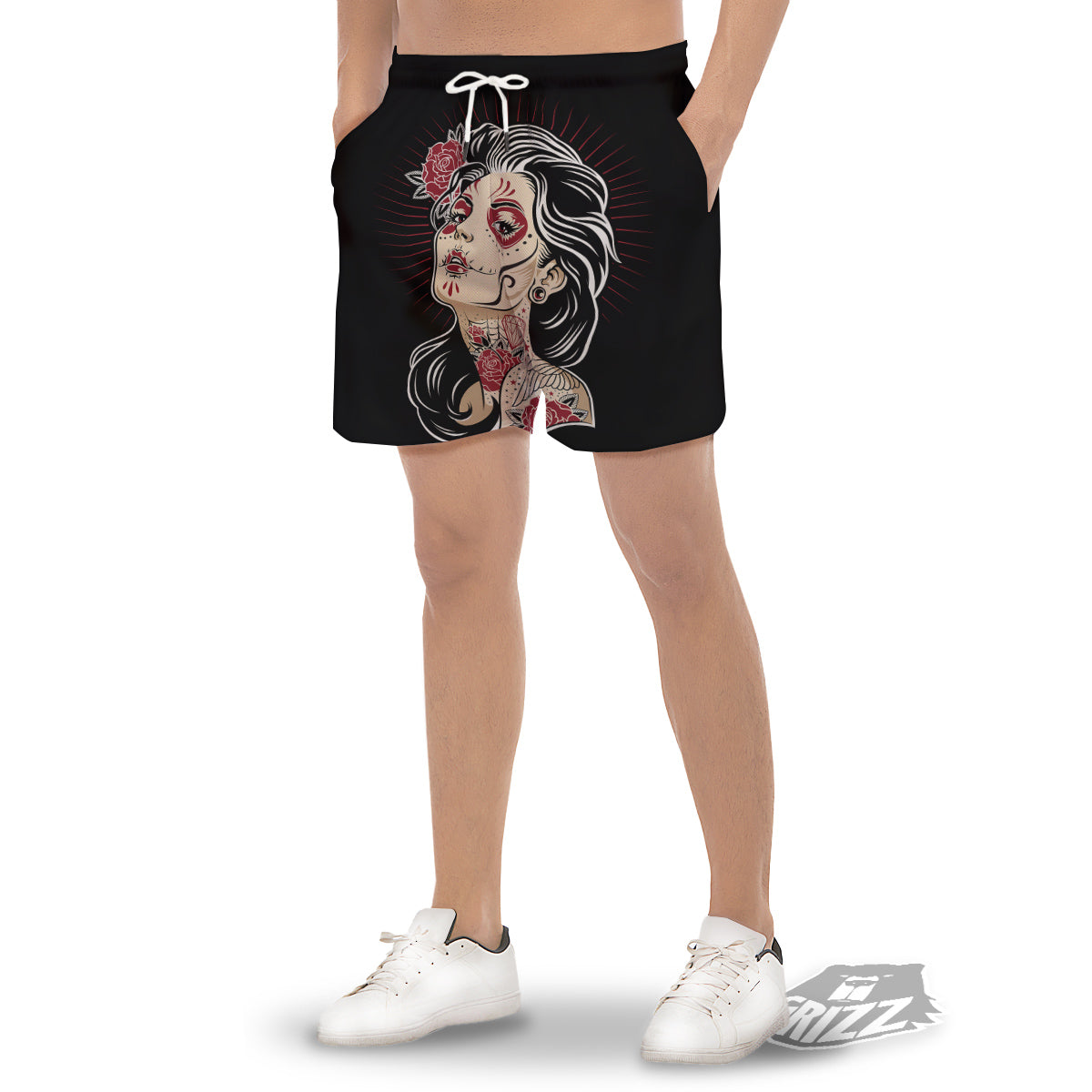 Day of The Dead Calavera Girl Print Men's Gym Shorts-grizzshop