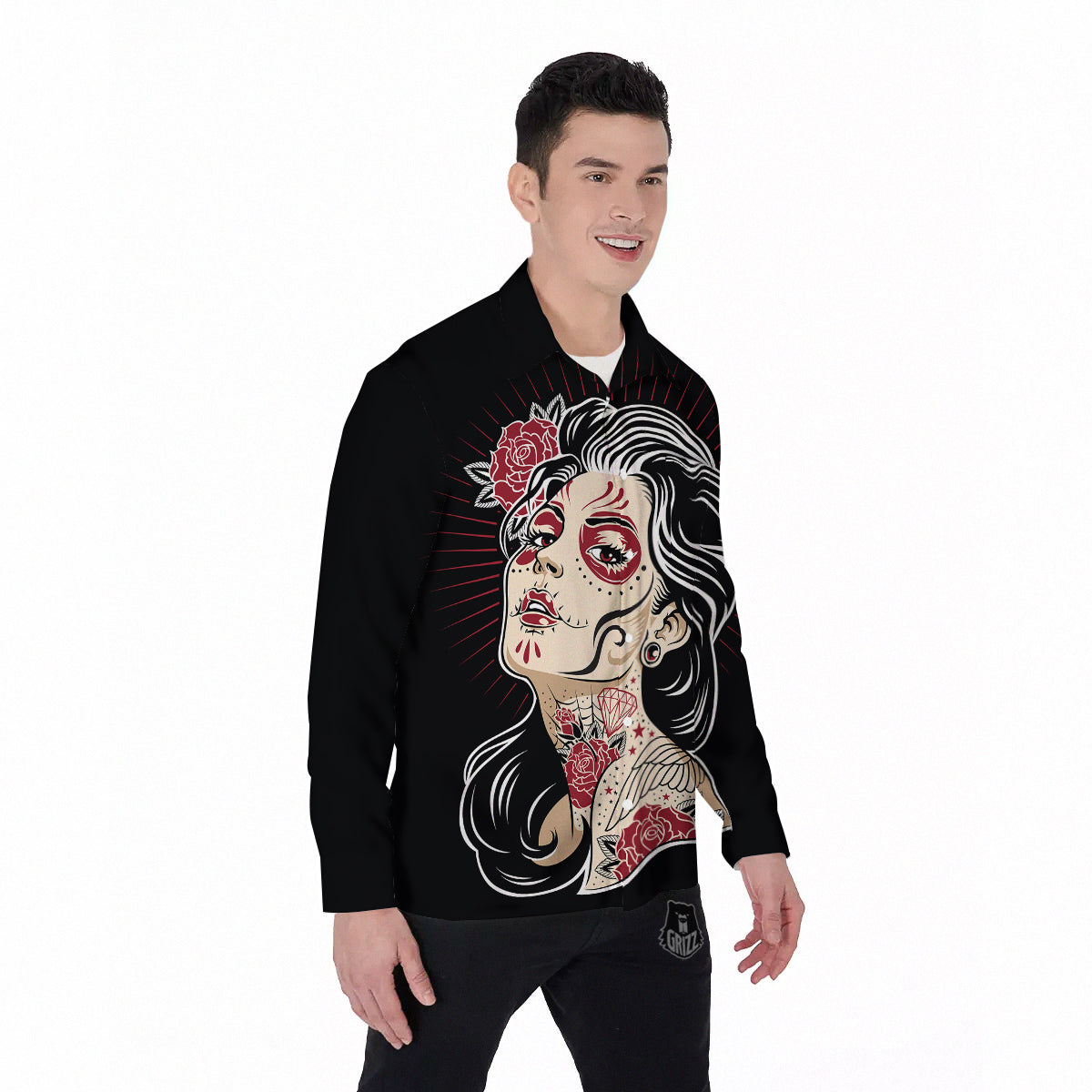 Day of The Dead Calavera Girl Print Men's Long Sleeve Shirts-grizzshop