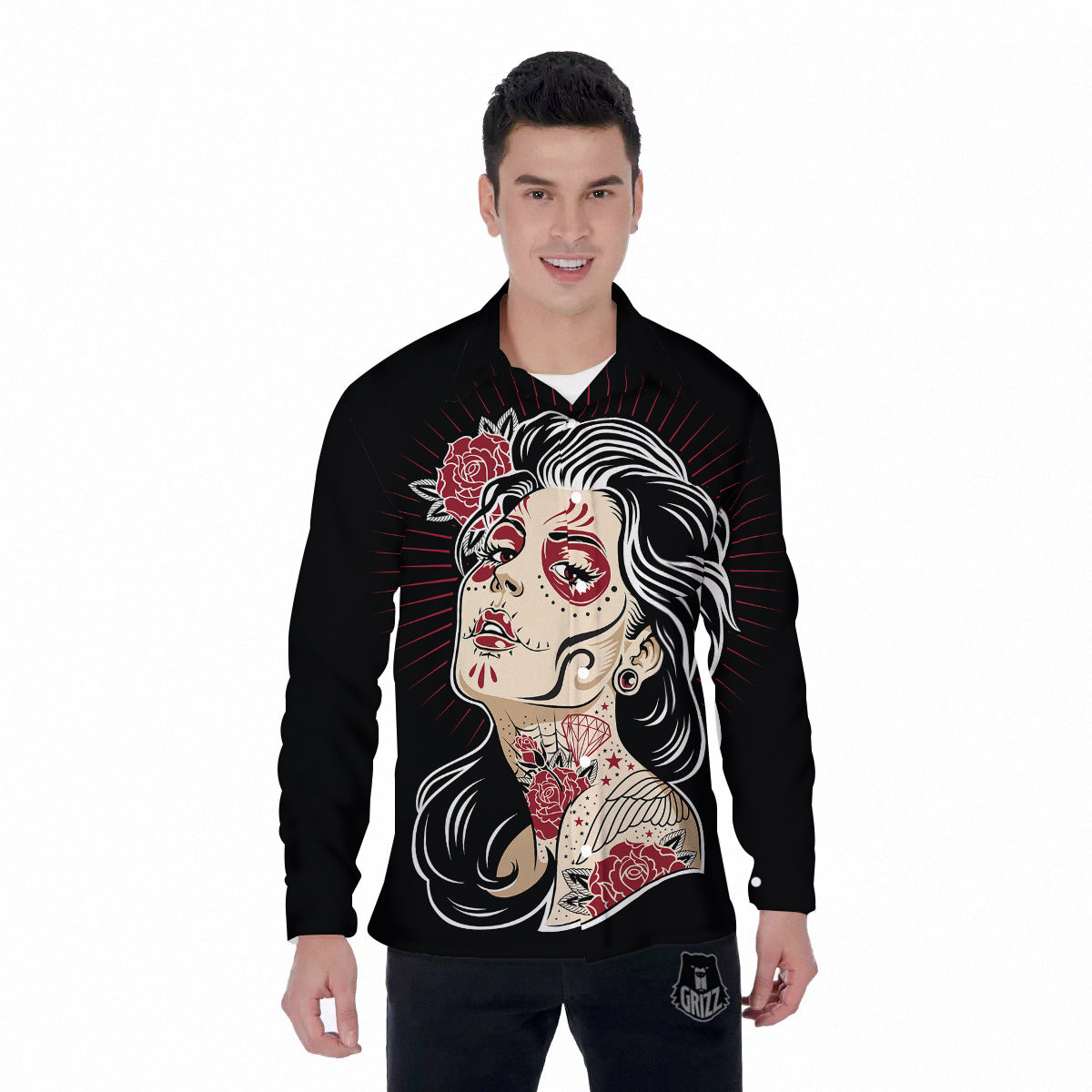 Day of The Dead Calavera Girl Print Men's Long Sleeve Shirts-grizzshop