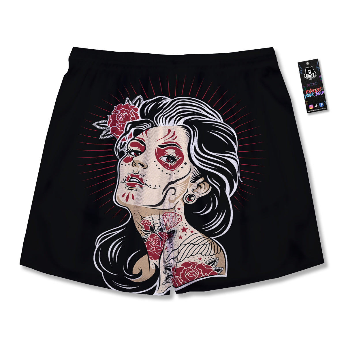 Day of The Dead Calavera Girl Print Men's Running Shorts-grizzshop