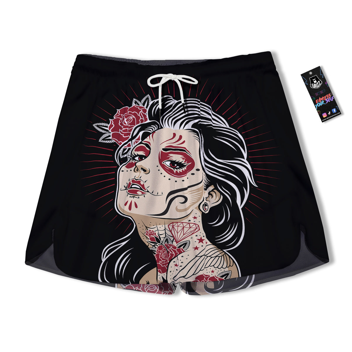 Day of The Dead Calavera Girl Print Men's Running Shorts-grizzshop