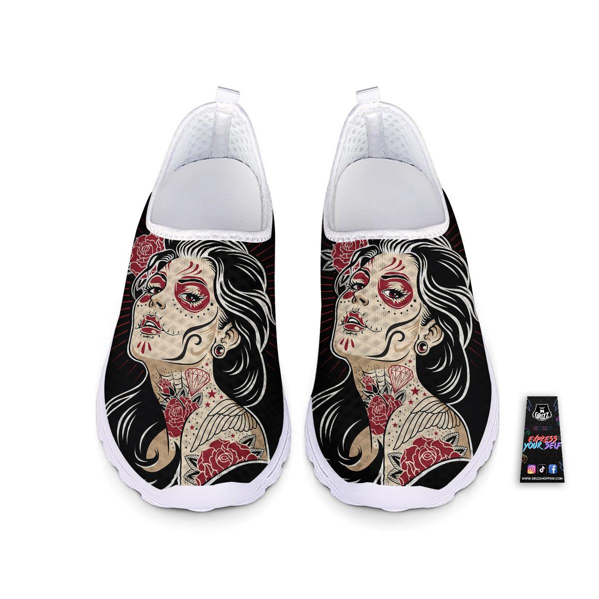 Day of The Dead Calavera Girl Print Nurse Shoes-grizzshop