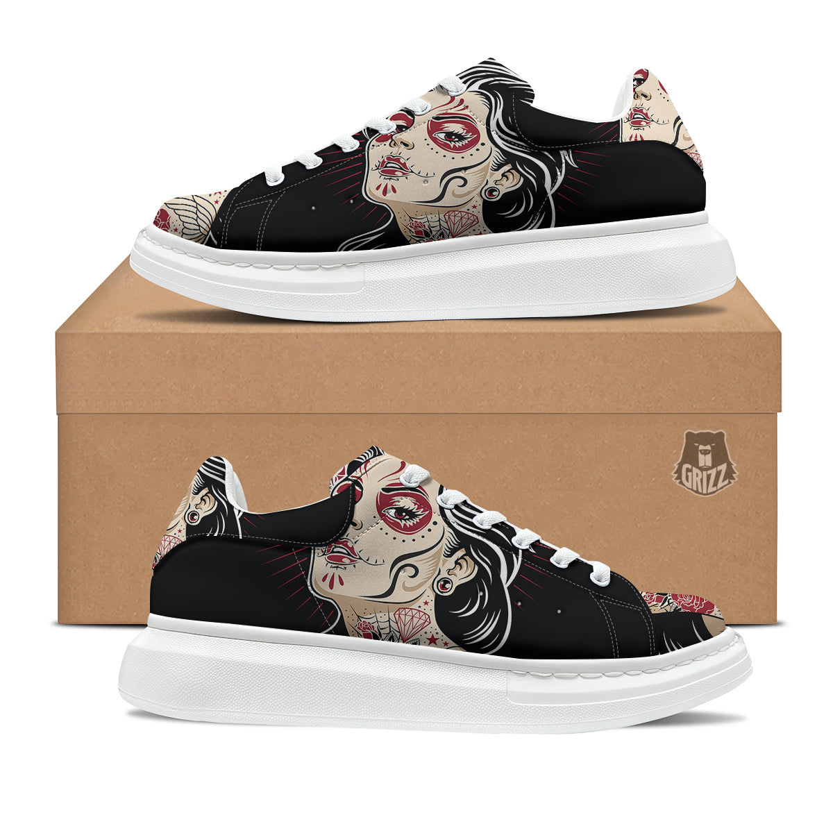 Day of The Dead Calavera Girl Print Platform Shoes-grizzshop