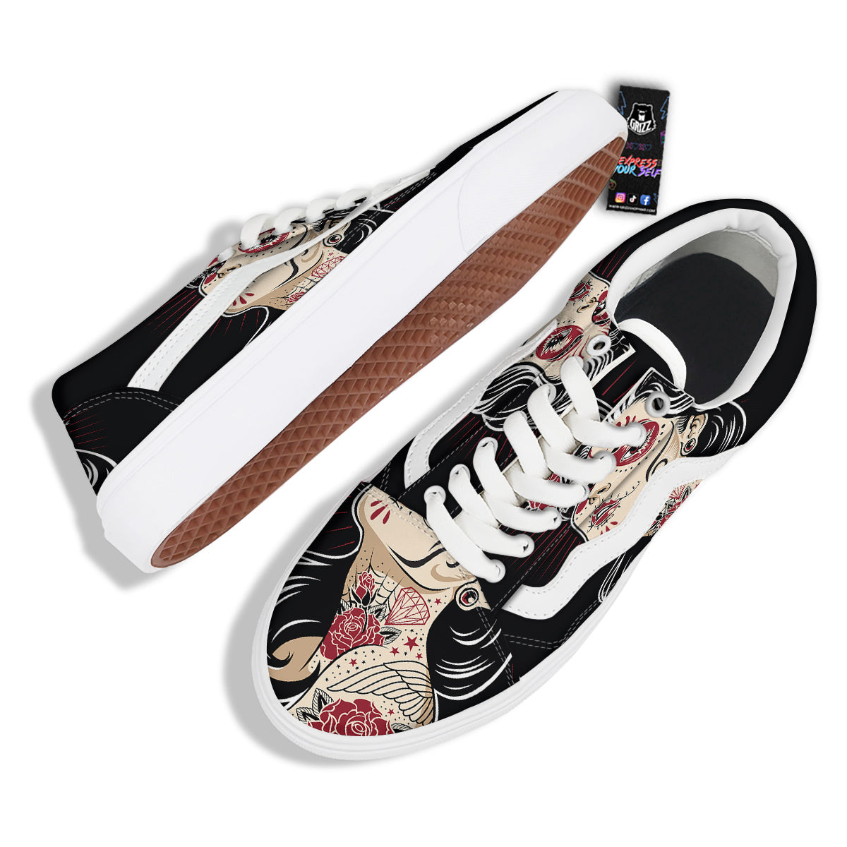 Day of The Dead Calavera Girl Print Skate Shoes-grizzshop
